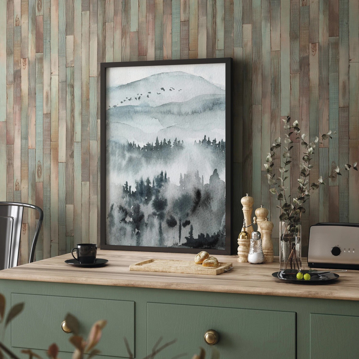 Marburg Vliestapete Holzoptik Braun-Grün im Raum, moderne Wandgestaltung.