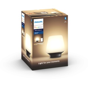 Verpackung der Philips Hue White Ambiance Wellness Tischleuchte in Schwarz. Dimmbar, 800 lm.