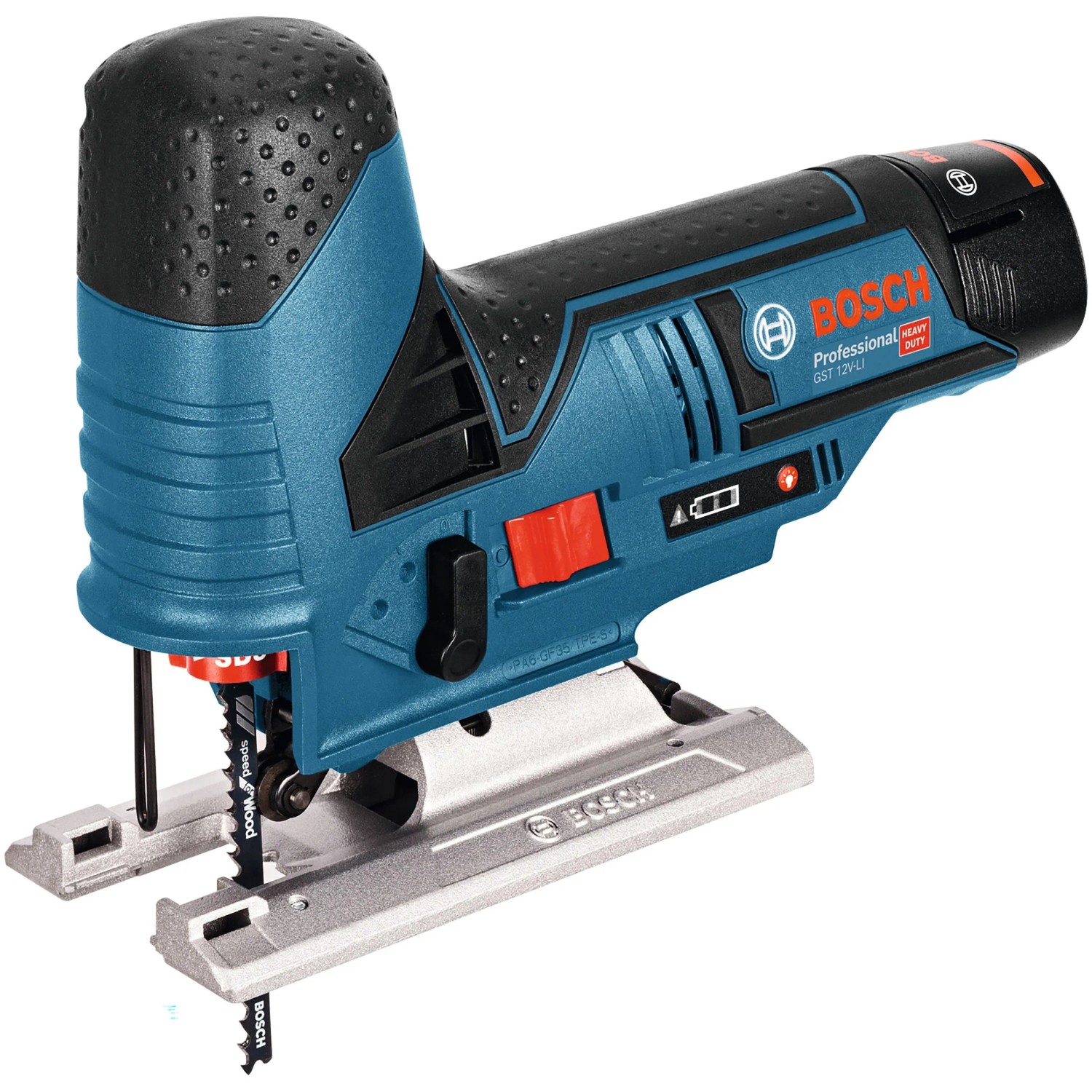 Bosch Professional Akku-Stichsäge GST 12 V-70 in Blau-Schwarz mit Sägeblatt. Präzise Schnitte für Holz & Metall.