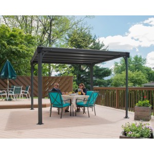 Anthrazitfarbener Canopia Gartenpavillon Milano auf Holzterrasse, darunter speisen zwei Personen. Robuster Aluminium-Pavillon.