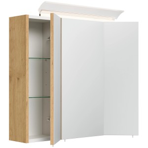 Posseik Spiegelschrank 70 cm Eiche Gold mit LED-Lampe und Glasböden, teilweise geöffnet.