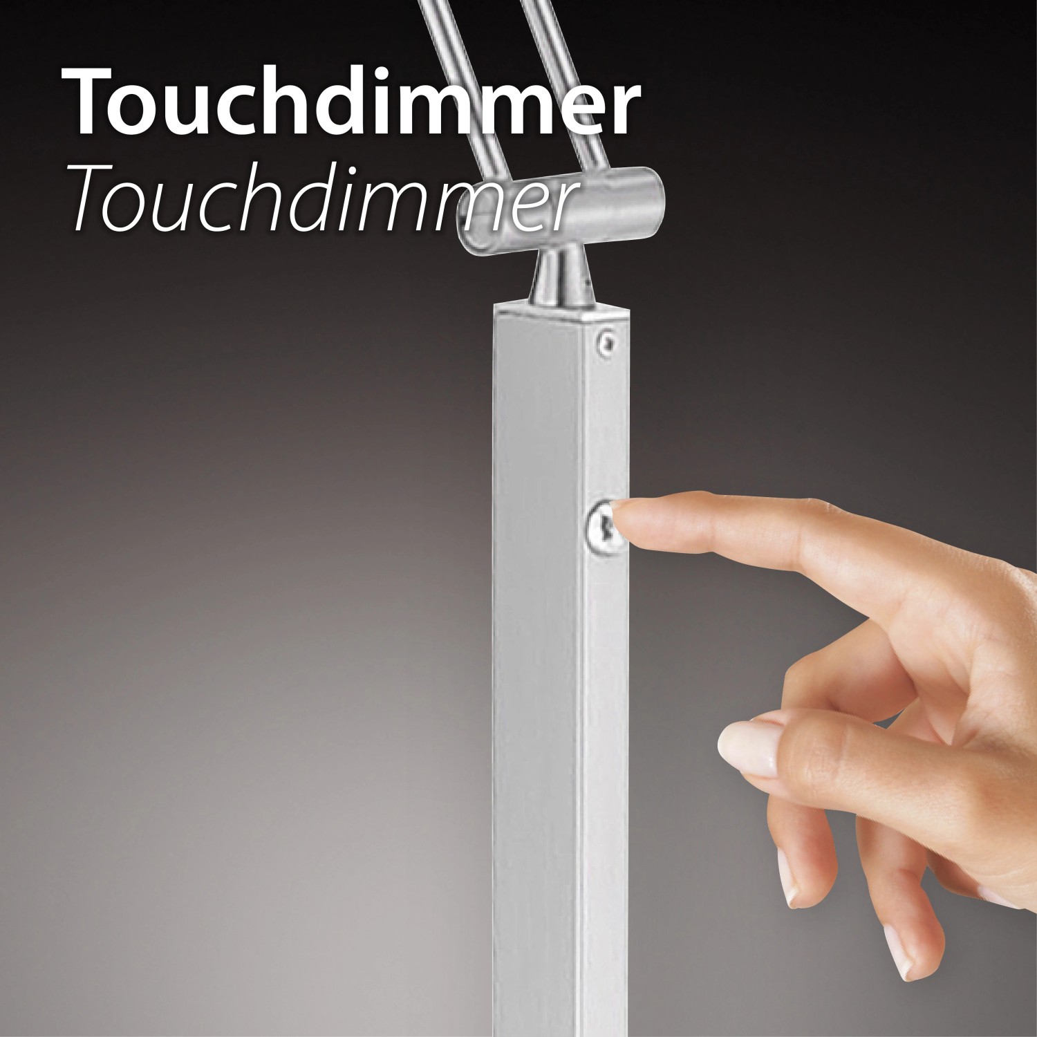 Detailaufnahme: Finger bedient Touchdimmer der schwarzen Just Light Schreibtischleuchte Niklas.