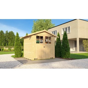 Unbehandeltes Weka Holz-Gartenhaus Parma mit Satteldach, 198x217 cm, vor Haus und Grün.