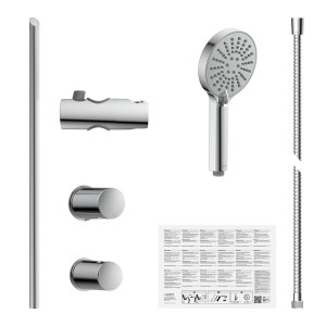 Schütte Stangenbrause-Set mit Klebebefestigung in Chrom: Brausestange, Handbrause, Brauseschlauch und Montagezubehör.