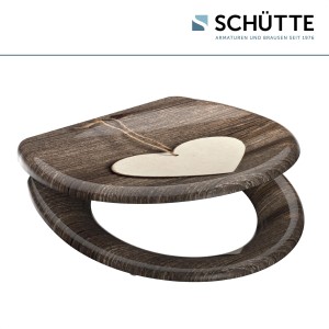 Schütte WC-Sitz Wood Heart mit Absenkautomatik und Holz-Herz Dekor.
