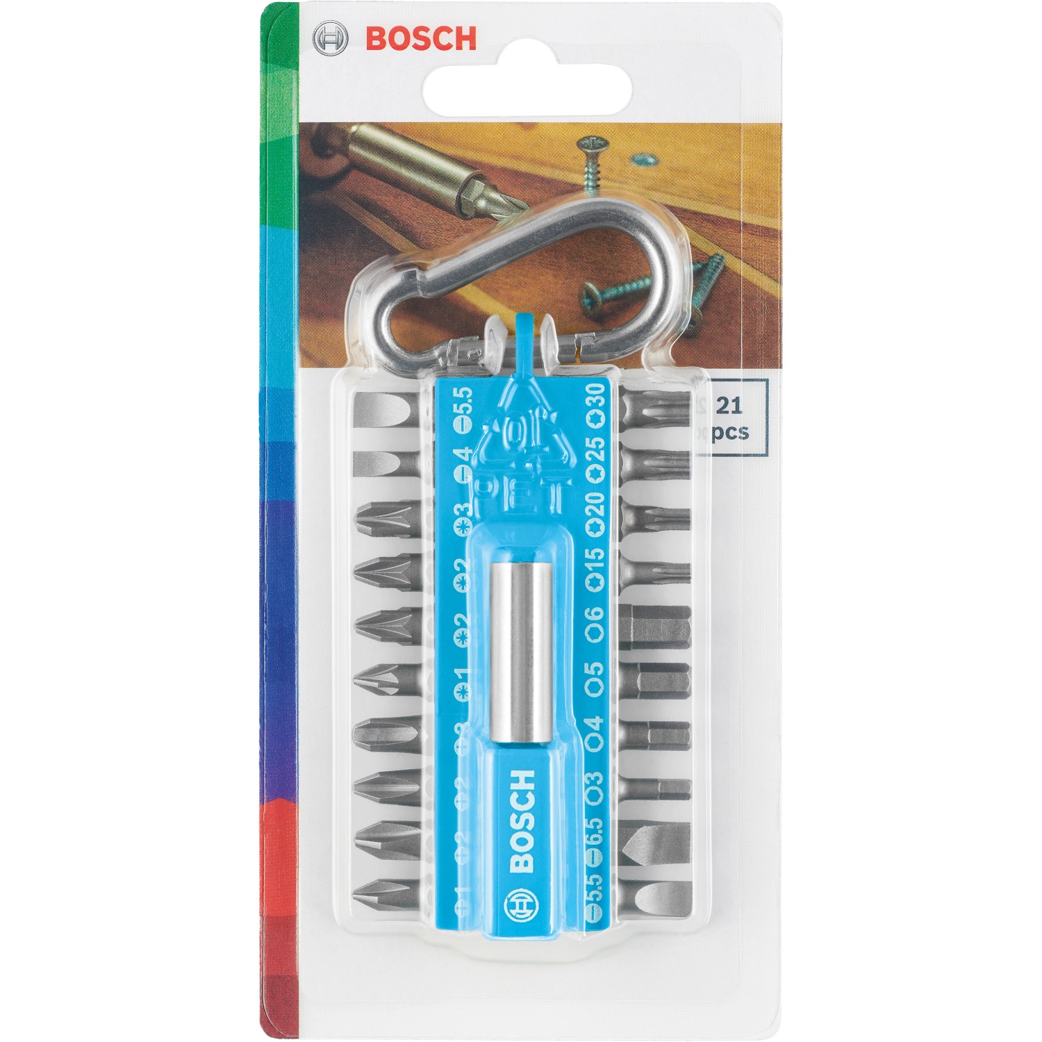 Bosch Schrauberbit-Set, 21-teilig mit Snap-Hook, verschiedene Bits für Schraubarbeiten.