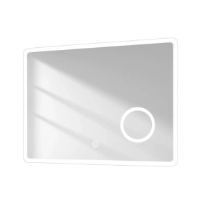 Rechteckiger Emke Badspiegel mit LED-Beleuchtung, kaltweißem Licht, Touch-Schalter und 3-facher Vergrößerung.