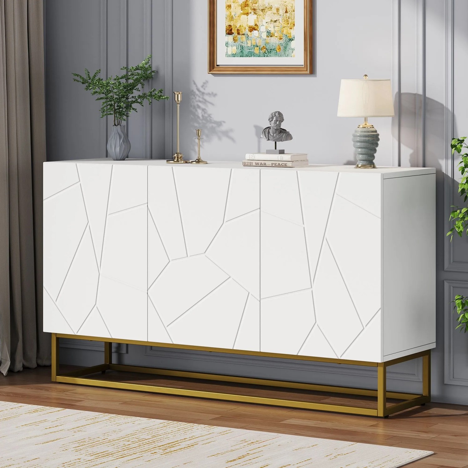 okwish Sideboard mit 4 Fächern Stauraum Esszimmer 130x38x76cm Weiß_6
