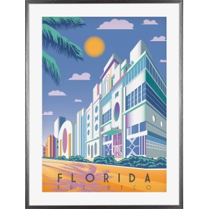 Silberner Kunststoffbilderrahmen 60x80 cm mit Florida Art Deco Motiv.