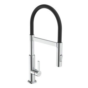 SCHÜTTE Spültischarmatur MIAMI Chrom/Schwarz. Einhebelmischer mit hohem Auslauf, flexiblem Soft-Touch Schlauch und Geschirrbrause.
