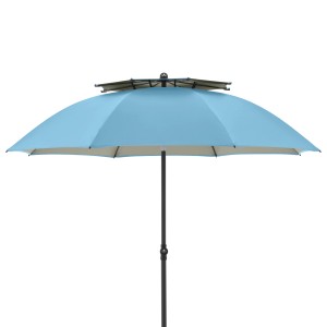 Blauer Doppler Strandschirm Windprofi Neo 200 mit Windventil und Fiberglas-Streben.