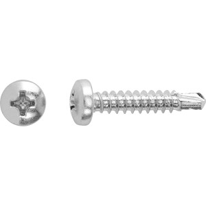 Silberne Universalschraube 3,5 x 9,5 mm mit Panhead und PH-Antrieb.