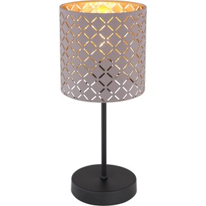 Globo Cindy Tischleuchte: Metallfuß schwarz matt, grauer Textilschirm mit Dekorstanzungen.