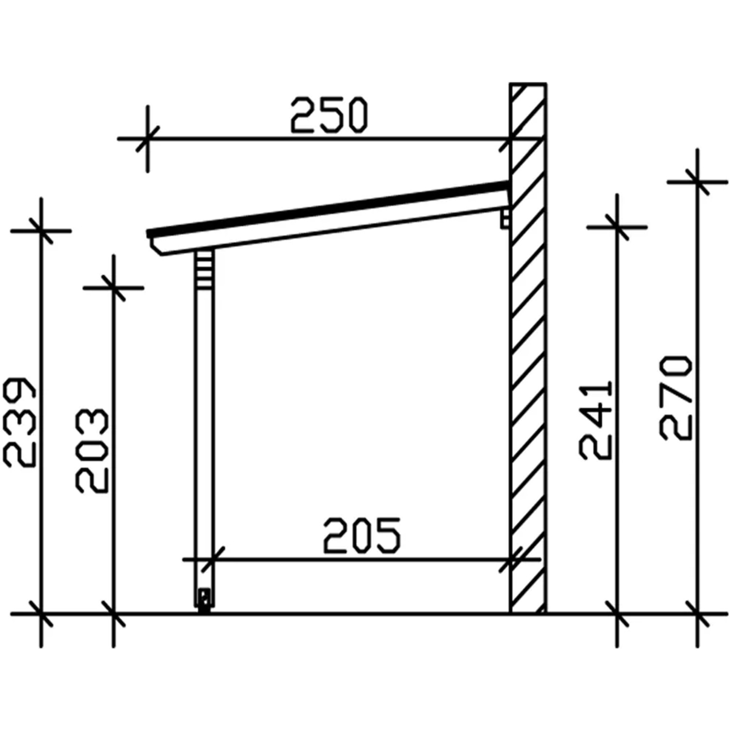 Technische Zeichnung der Skan Holz Terrassenüberdachung Ancona, Maße: 434 x 250 cm.