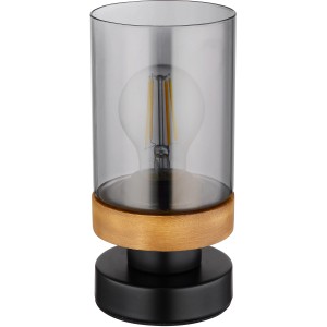 Schwarze Globo Tischlampe Finca mit Rauchglas und Holzdetail, 20,5cm hoch.