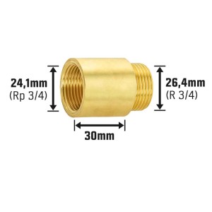 Hahnverlängerung aus Messing, 24,1 mm x 26,4 mm, 30 mm Länge für Gewindefittings.