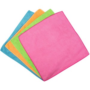 Vileda Allzwecktücher Mikrofaser, 4er-Pack in Blau, Orange, Grün und Pink.