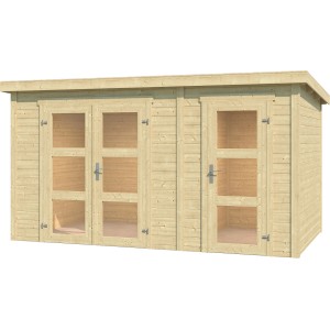 Lasita Holz-Gartenhaus Zambezi XL, naturbelassen mit zwei Doppeltüren mit Glaseinsätzen.