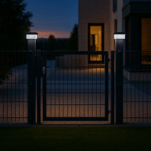 Zwei Solar Zaunleuchten auf 80x80 Pfosten eines Stabmattenzauns beleuchten ein Tor bei Dämmerung mit neutralweißem LED Licht.