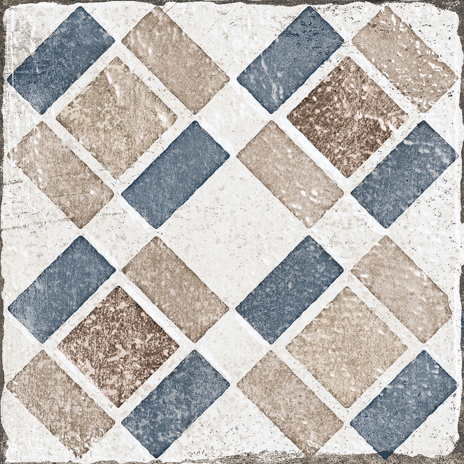 Bodenfliese Feinsteinzeug, matt glasiert, 20x20 cm, mit blau-braunem Rautenmuster.