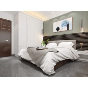 Schlafzimmer mit Akustikpaneel Nussbaum Milano als Wandverkleidung.