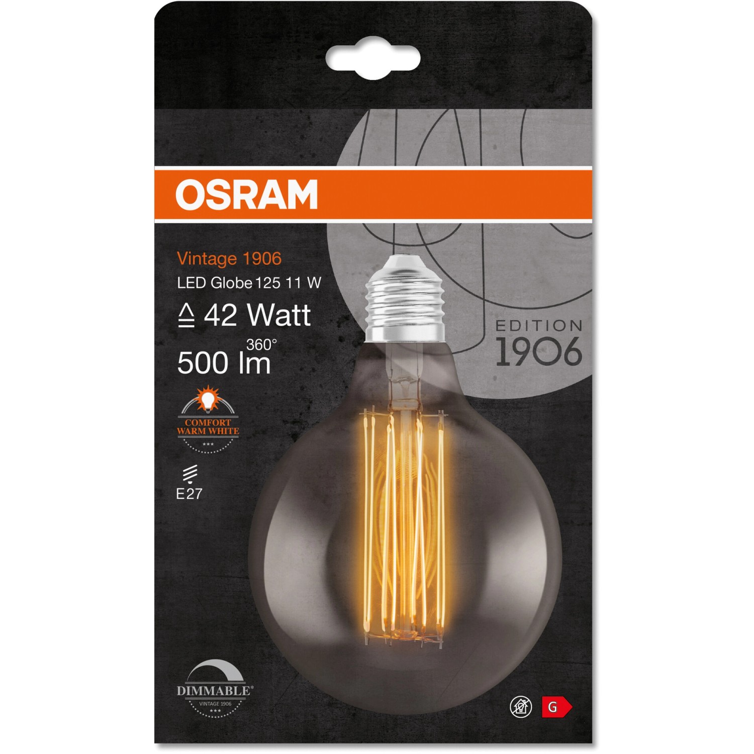 Osram E27 LED-Leuchtmittel in Globeform, 11W, warmweiß, dimmbar.