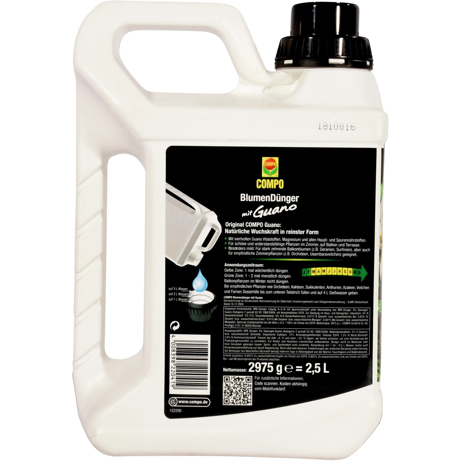 Compo Blumendünger mit Guano, 2,5L Kanister für üppige Blütenpracht.