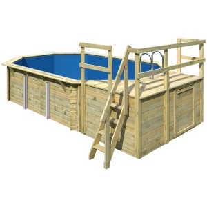 Karibu Holzpool Set mit Sonnenterrassen, Leiter und Filteranlage. Pool mit blauer Innenfolie.