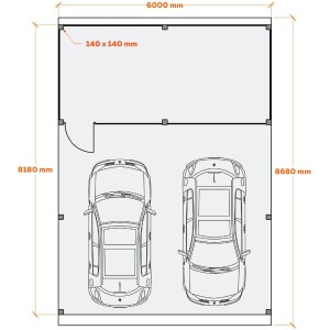 Grundriss Holzbrüder Doppelcarport Ralf mit Geräteraum, Maße 600x868cm, reinweiß, schwarz.