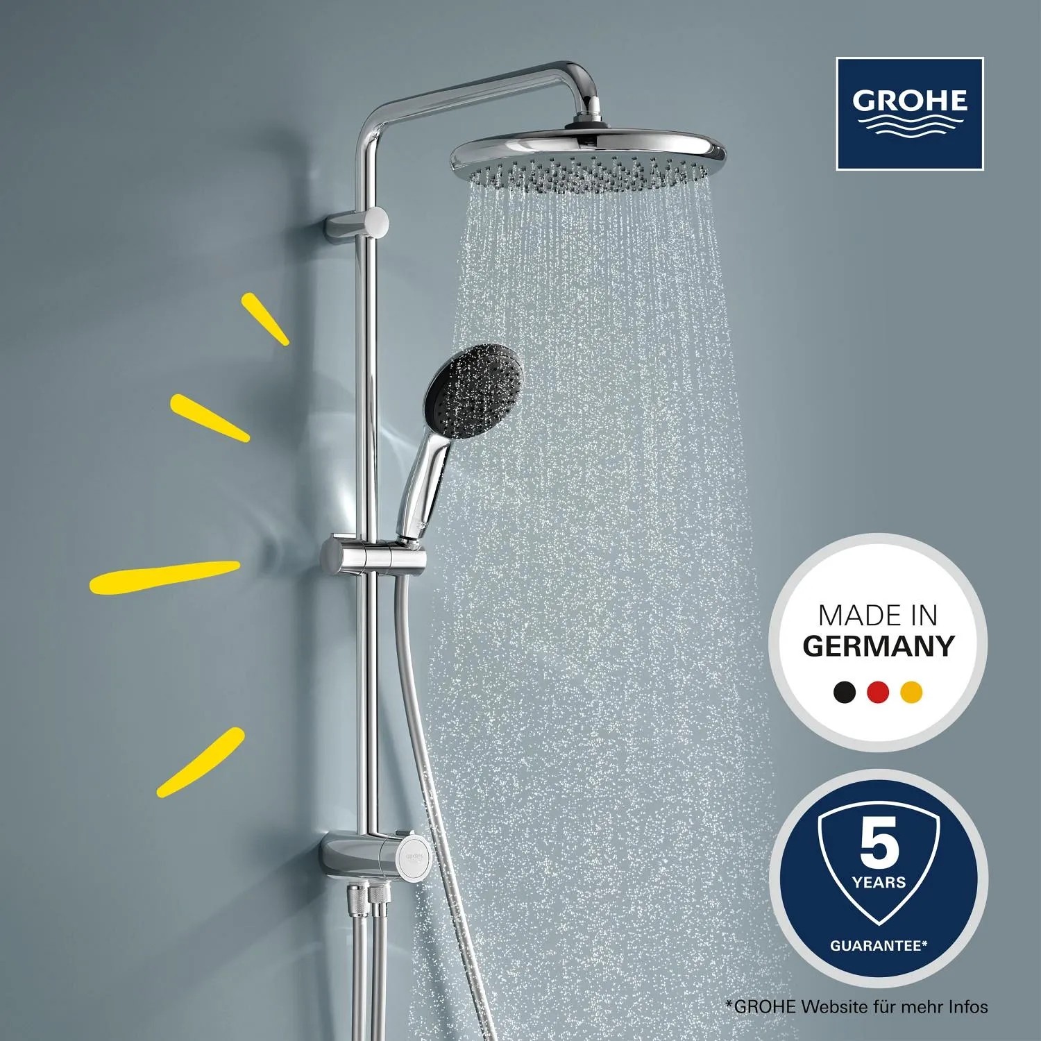 Grohe Vitalio Comfort 250 Flex Brauseset mit Kopf- und Handbrause unter der Dusche.