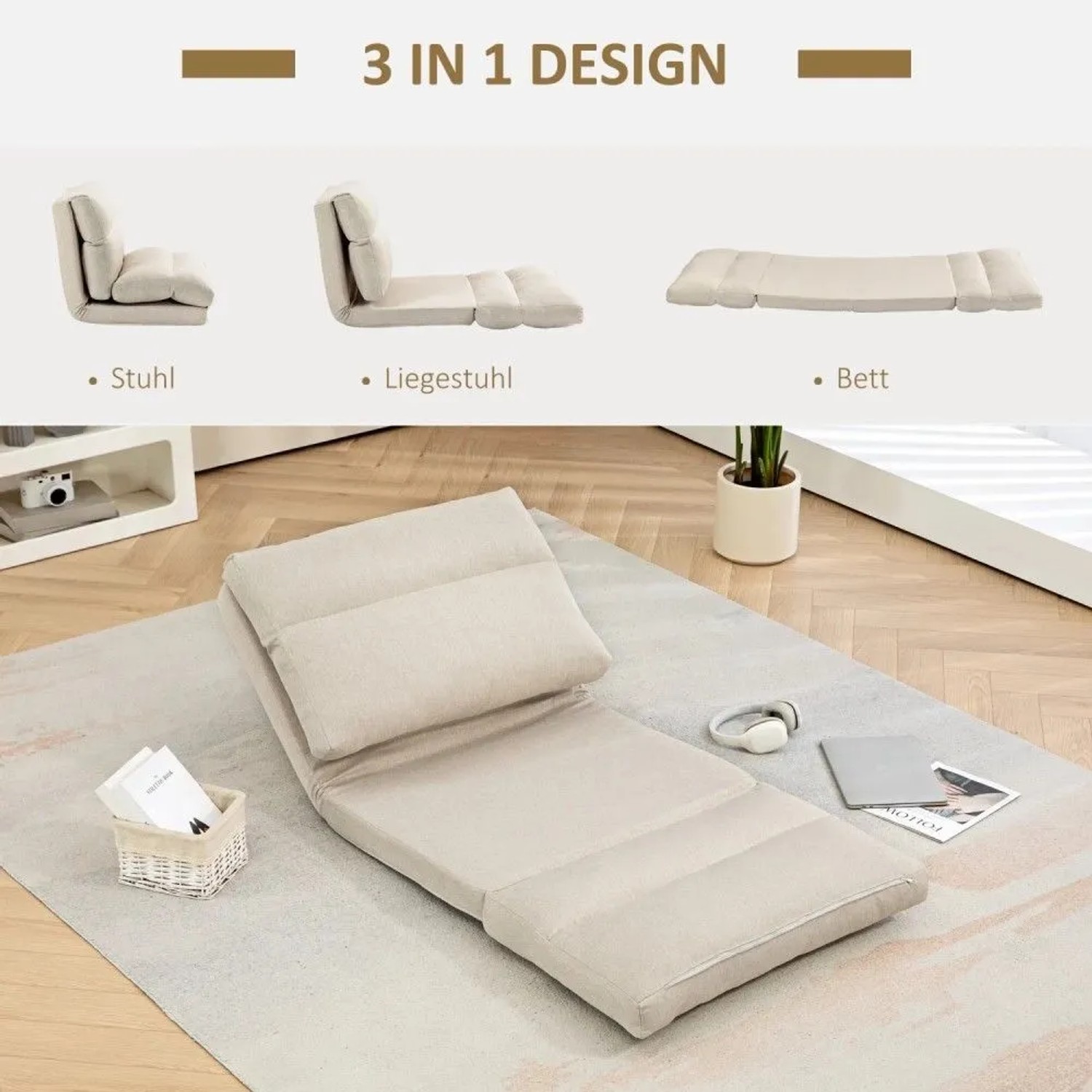 HOMCOM Bodenstuhl, beige, 3-in-1 Design: Stuhl, Liegestuhl, Bett. Verstellbare Rückenlehne, klappbar, gepolstert.