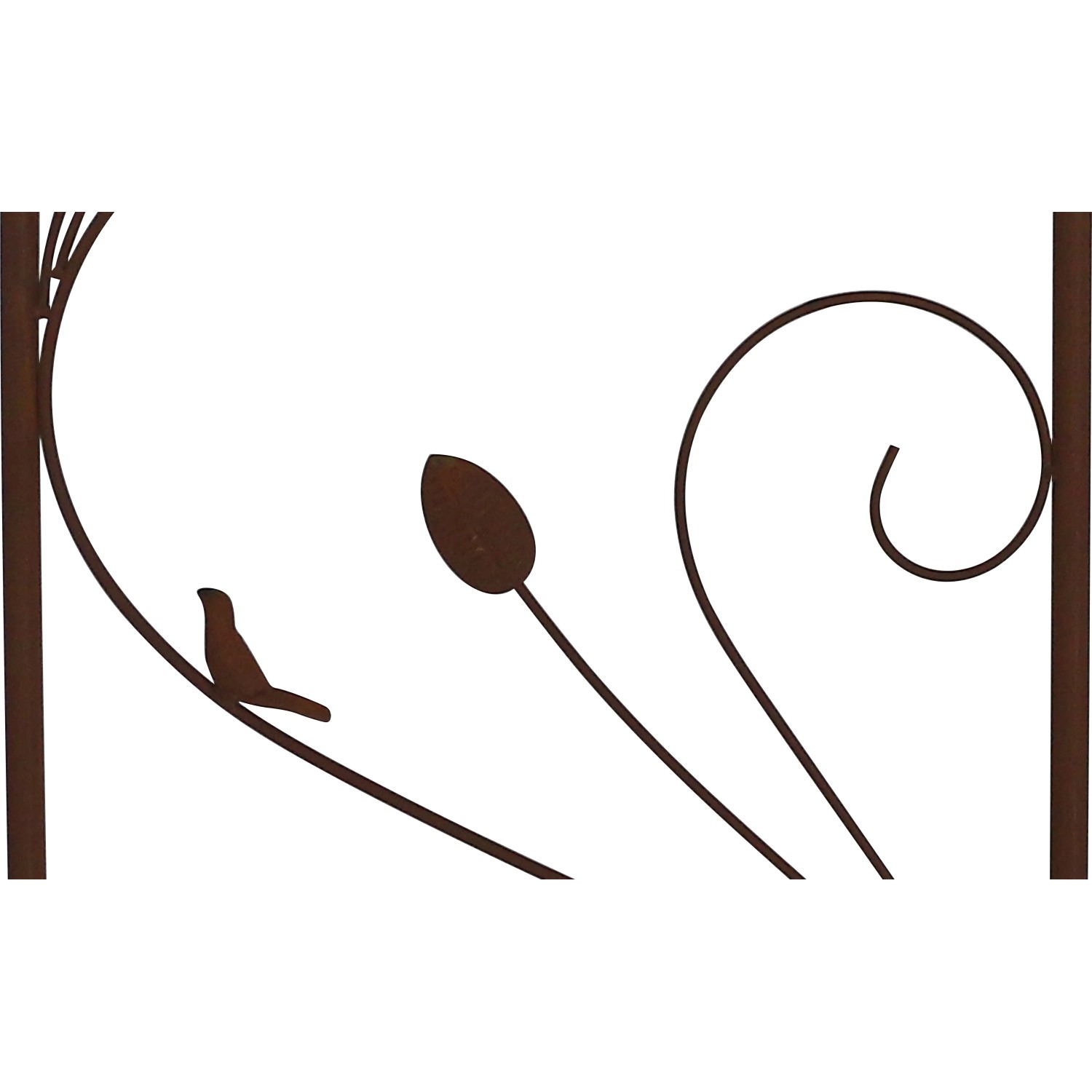 Detailansicht Rosenbogen aus Metall mit Blatt-, Rosen- und Vogeldesign in Rostoptik.