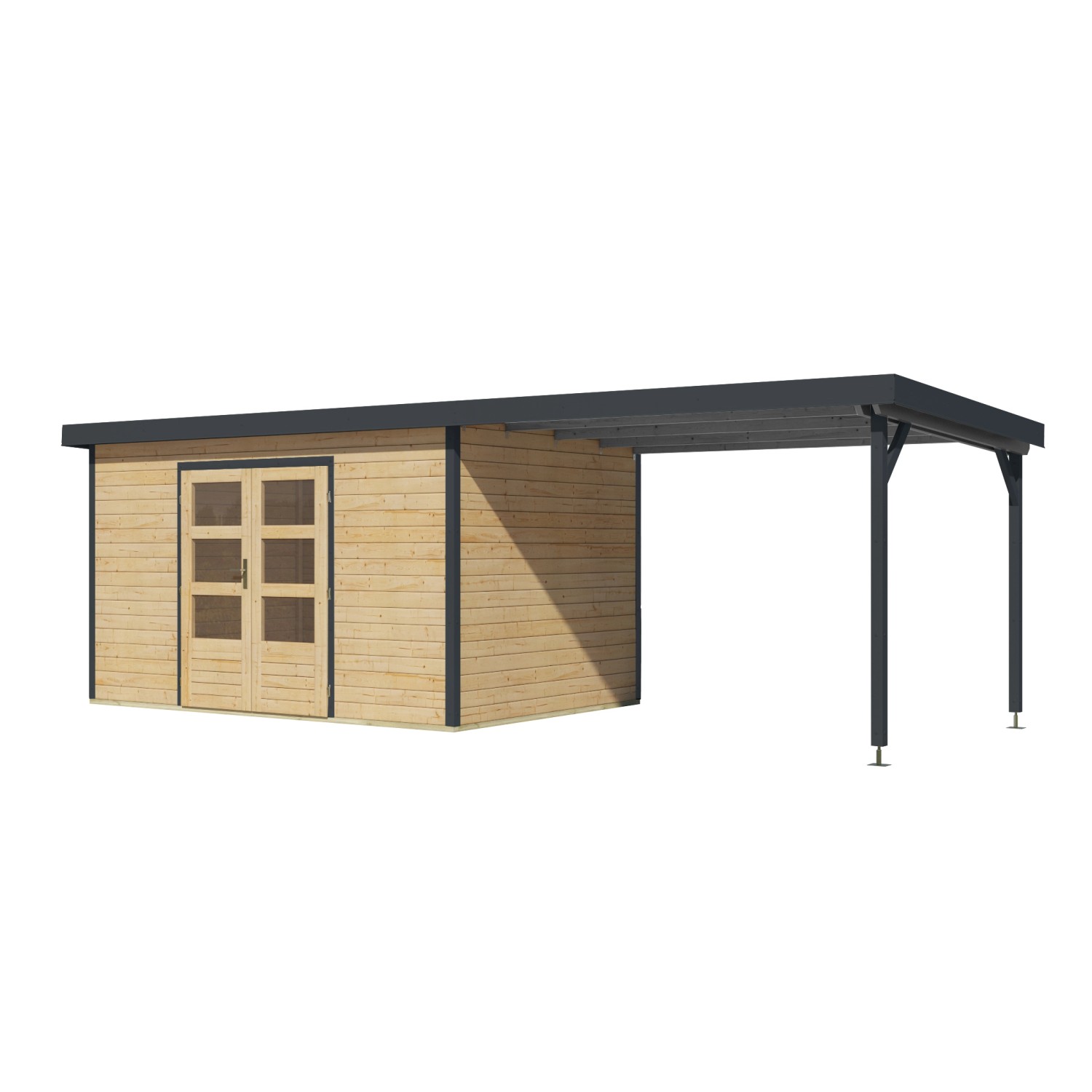 Karibu Gartenhaus Domingo 7 A mit Anbaudach, natur/anthrazit, 219x360x240 cm.