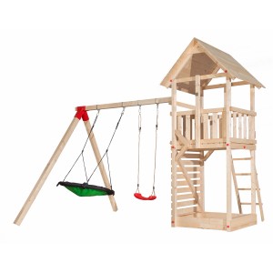 Weka Spielhaus Drachenturm Tabaluga mit Anbauschaukel und Sandkasten, aus Holz.