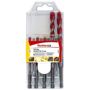 Fischer Universalbohrer-Set D-U HEX 5-teilig in transparenter Box. Rote Bohrer Ø 5-12 mm für Beton, Holz, Metall.