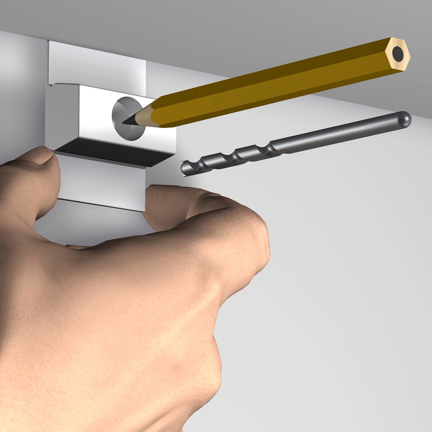 Montage des Artiteq Click Rail Bild-Aufhängesystems mit Bleistift und Bohrer.