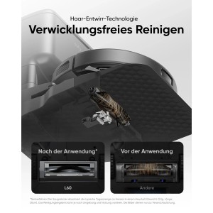 Eufy Saugroboter L60 Hybrid: Haar-Entwirr-Technologie für saubere Bürsten, Vergleich vor und nach der Anwendung.