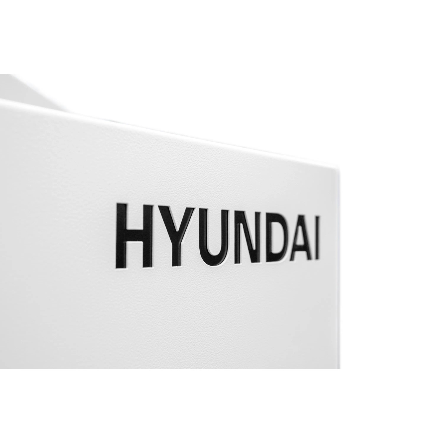 Detailaufnahme: Hyundai Schriftzug auf weißem Silent Diesel-Generator DHY8600SE-T.