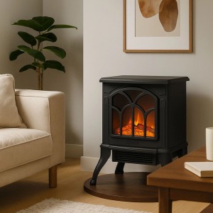 Schwarzer Sannover Ideria Elektrokamin 1800 W mit realistischen Flammen im Wohnzimmer. Kompakter Elektroofen.
