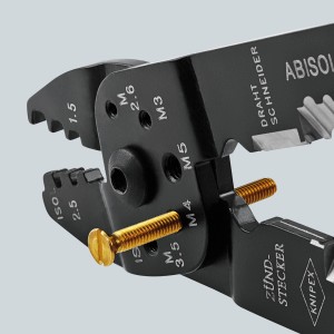Knipex Crimpzange, schwarz lackiert, mit Schraube in den Gewindelöchern zum Abschneiden von Gewindestiften.