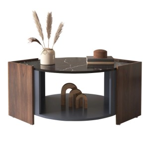 okwish Couchtisch: sechseckige schwarze Marmorplatte, braune Walnuss-Seiten, runde Ablage. Eleganter Wohnzimmertisch.