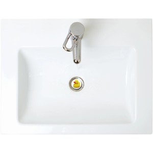 Waschbecken mit gelbem Enten-Stöpsel (38mm) im Abfluss.