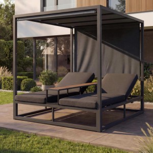 Dunkelgraue Alu Lounge-Gartenliege mit Polster und verstellbarem Dach im Garten.