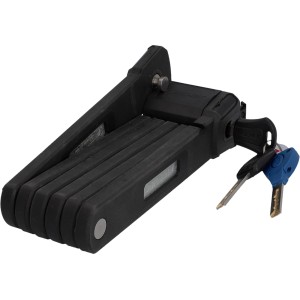 Schwarzes Fischer Faltschloss Protec Plus FK85 mit Schlüssel, zusammengefaltet.