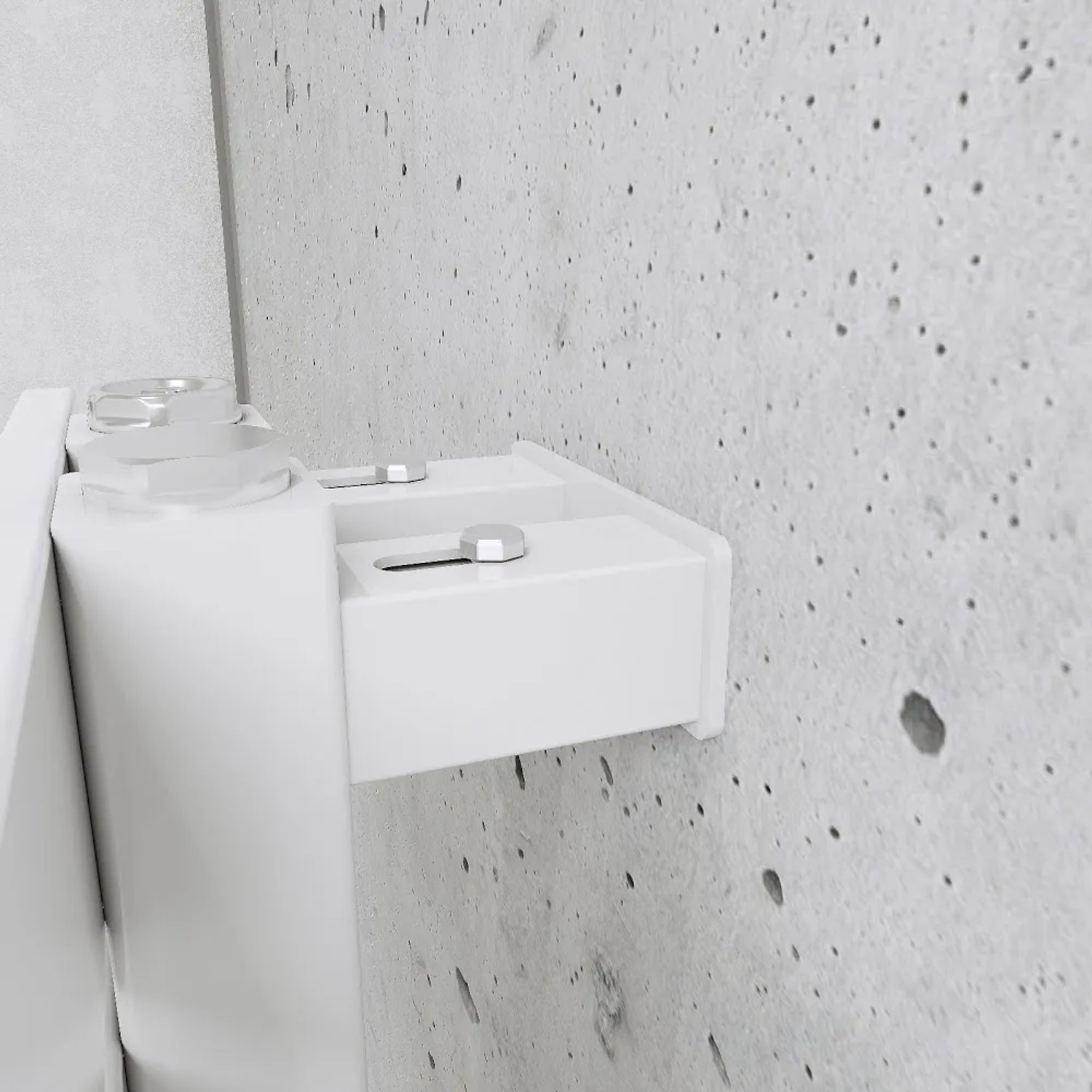Detailaufnahme: Weißer Schulte Design-Heizkörper Breda mit Mittenanschluss an Betonwand.