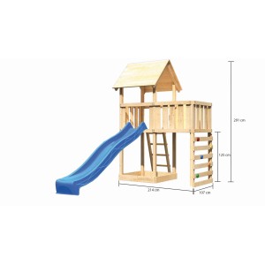 Karibu Spielturm Lotti mit blauer Rutsche, Kletterwand und Anbauplattform aus Holz.