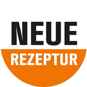 Symbol "Neue Rezeptur" für OBI Easyweiss Wandfarbe, weiße Farbe auf orangefarbenem Grund.