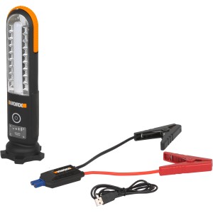 Worx Starthilfe WX852.1 mit LED-Leuchte, 12V Jumpstarter mit Klemmen und USB-Kabel.