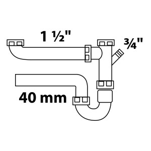 Skizze eines weißen Doppel-Spültisch-Röhrensiphons mit Geräteanschluss und den Maßen 44,9 mm (1 1/2 IG) x 40 mm.
