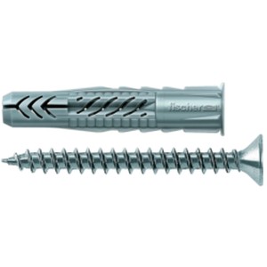 Fischer Universaldübel UX 6x50 mit Schraube, geeignet für Voll-, Loch- und Plattenbaustoffe.